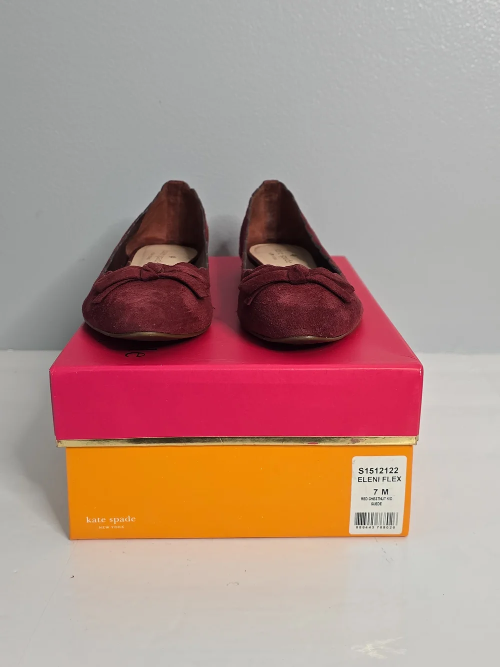 Kate Spade Eleni Flex Red Chestnut Suede Scalloped Bow Flats